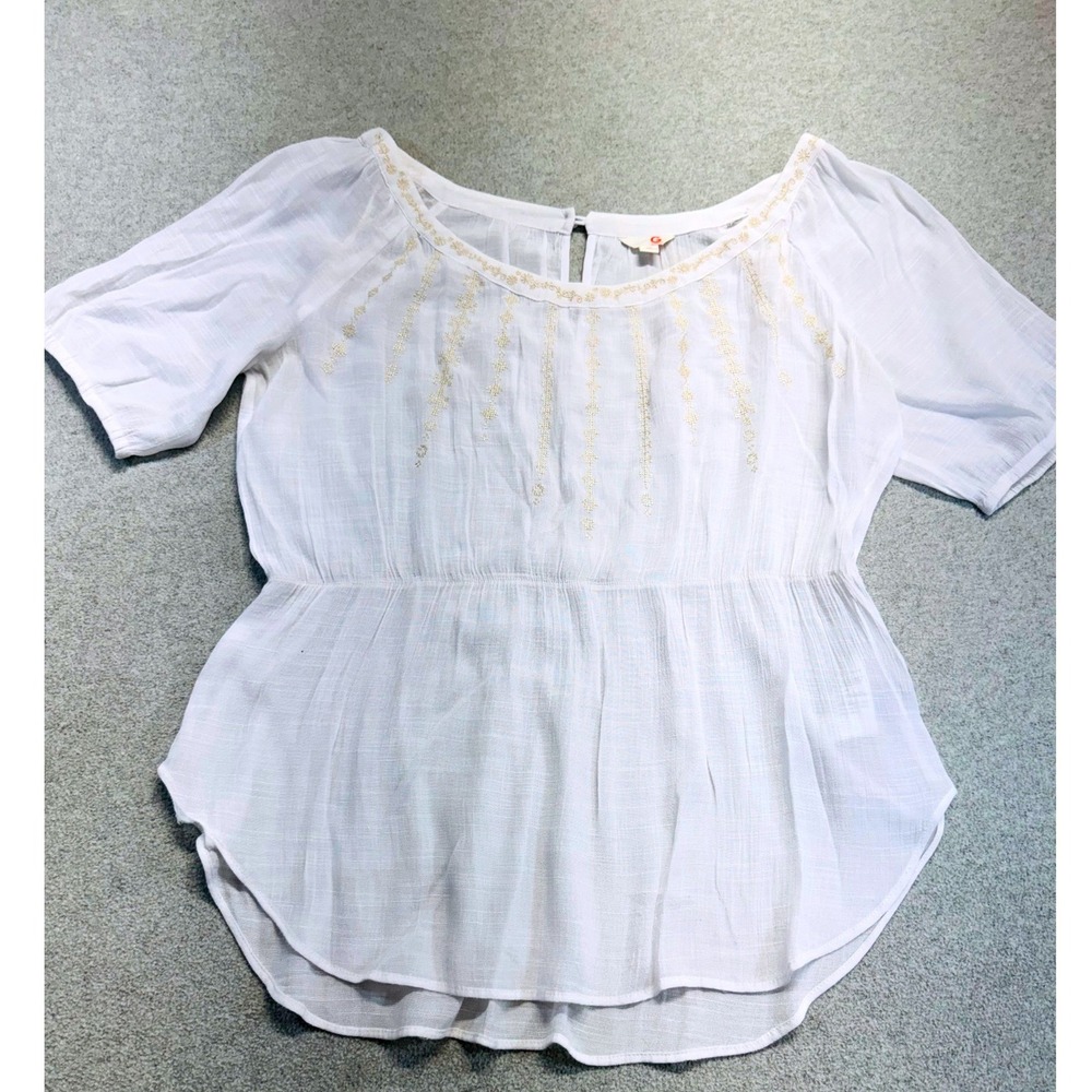 GUESS Womens XL White Embroidered‎ Peasant Blouse Boho Short Sleeve Top Flowy